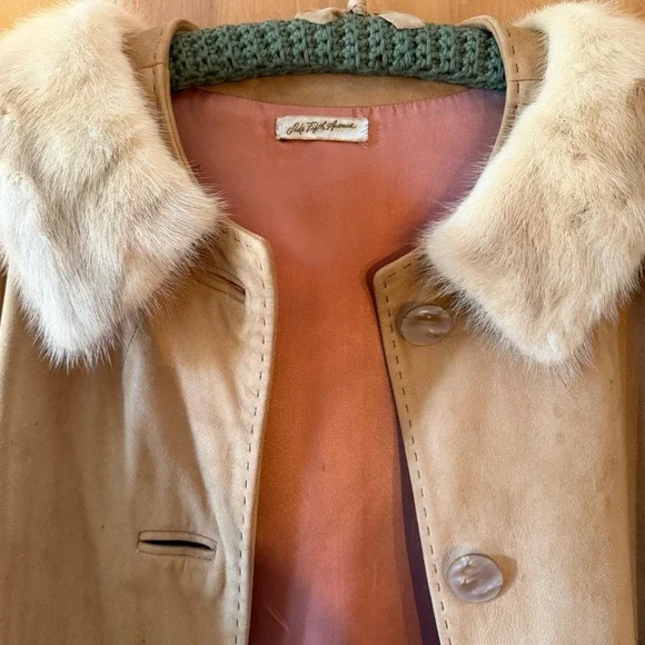 Vintage Saks Fifth Avenue Suede Blonde Mink Collared Mod 1960s Coat Medium - Picture 8 of 12